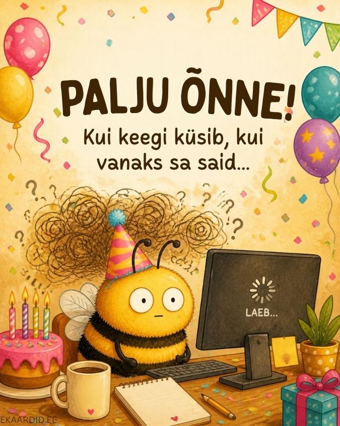 Humoorikas sünnipäevakaart arvuti taga istuva mesilasega
