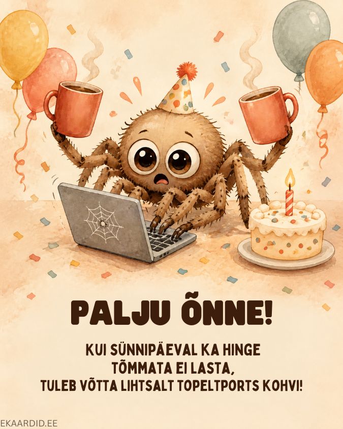 Humoorikas sünnipäevakaart kohvi armastavale ämblikule