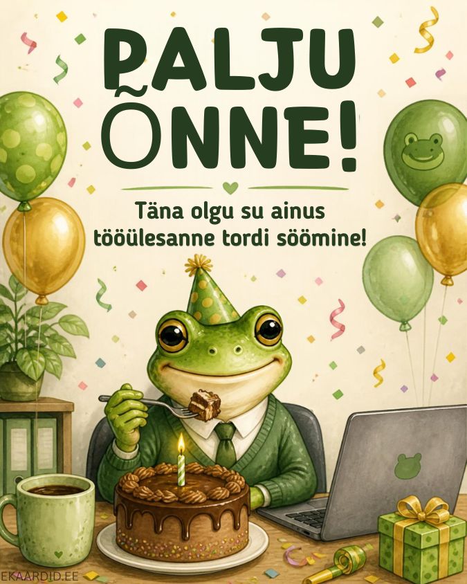 Humoorikas sünnipäevakaart kontoris pidutseva konnaga