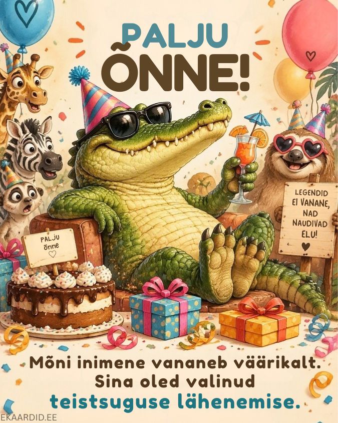 Humoorikas sünnipäevakaart lõõgastunud krokodilliga
