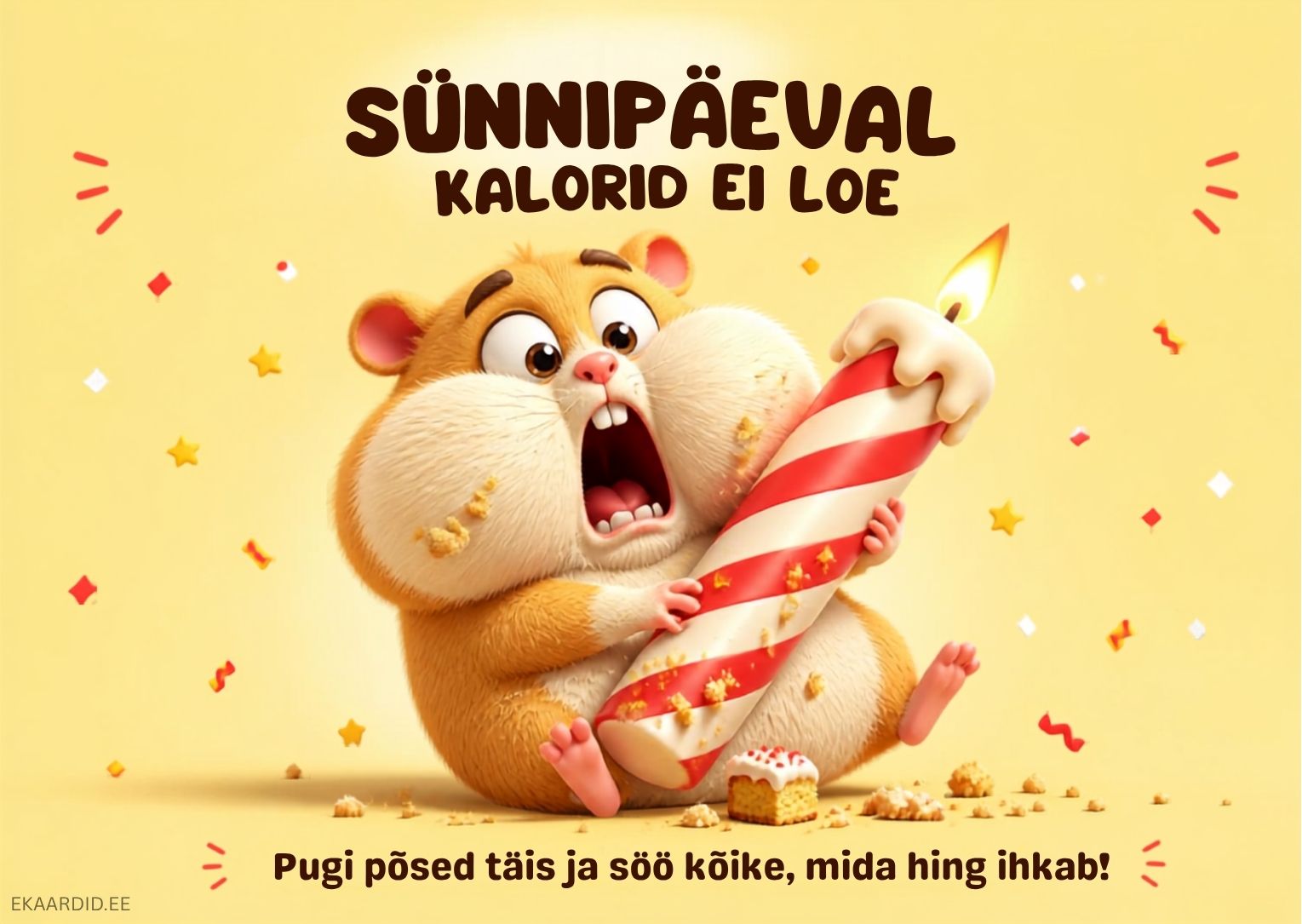 Humoorikas sünnipäevakaart maiasmokast hamstriga