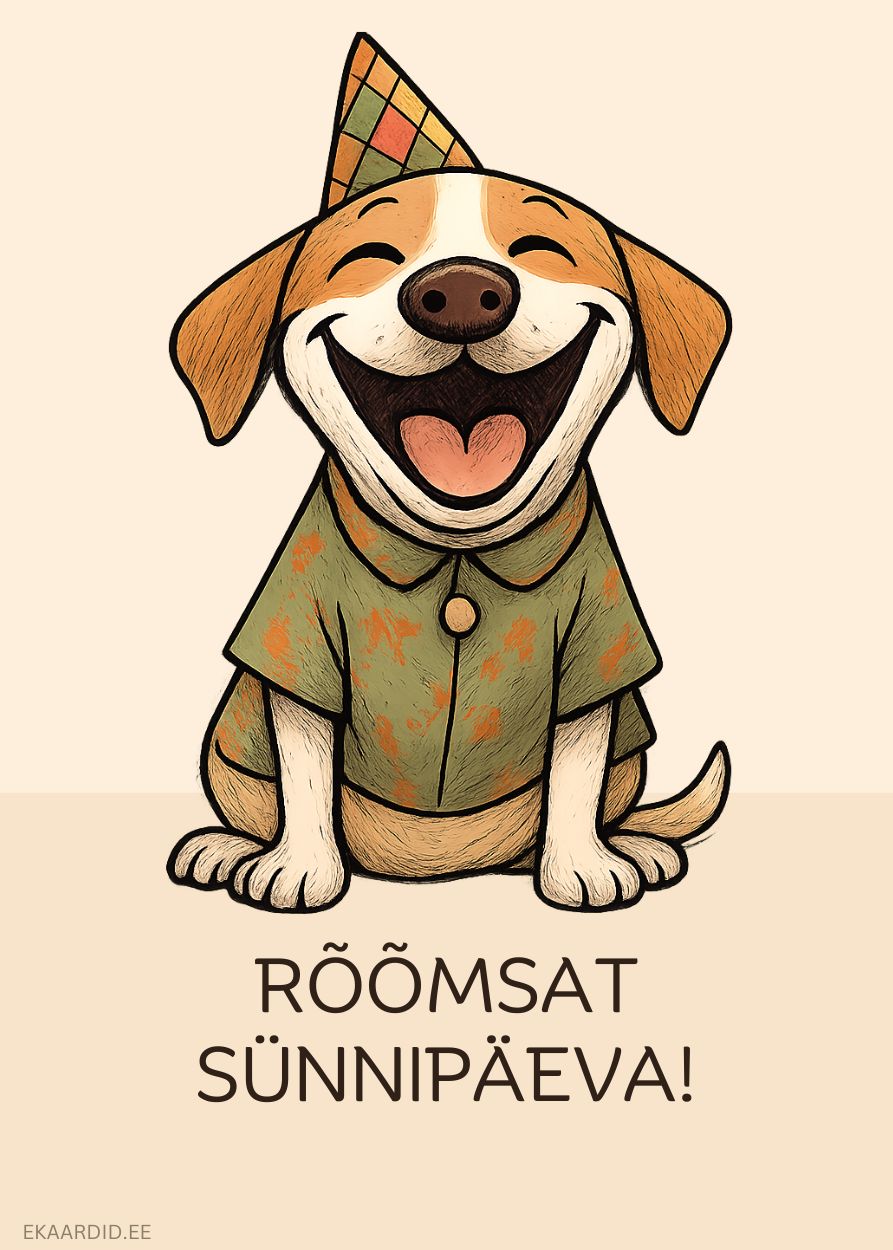 Rõõmsameelne sünnipäevakaart koeraga
