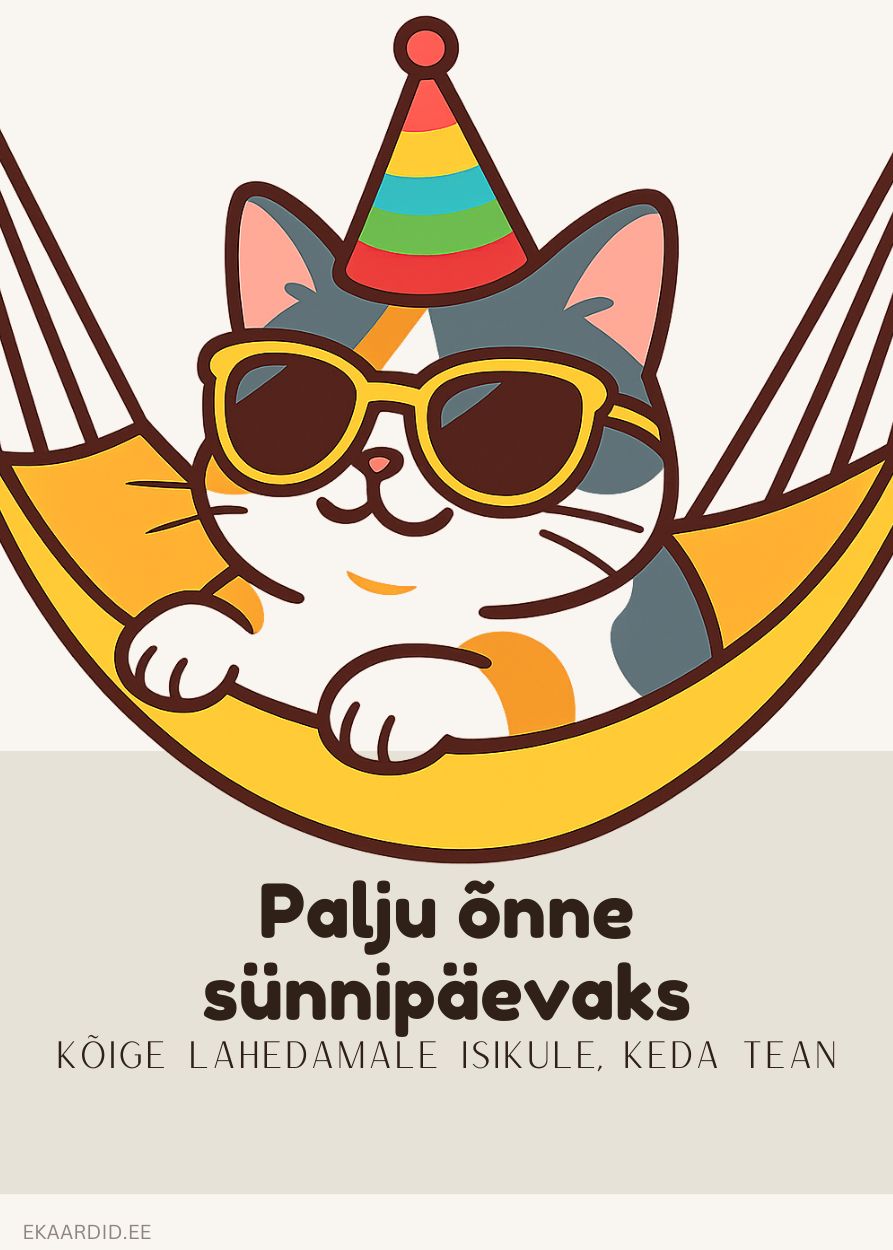 Sünnipäevakaart: Kass lamamas võrkkiiges
