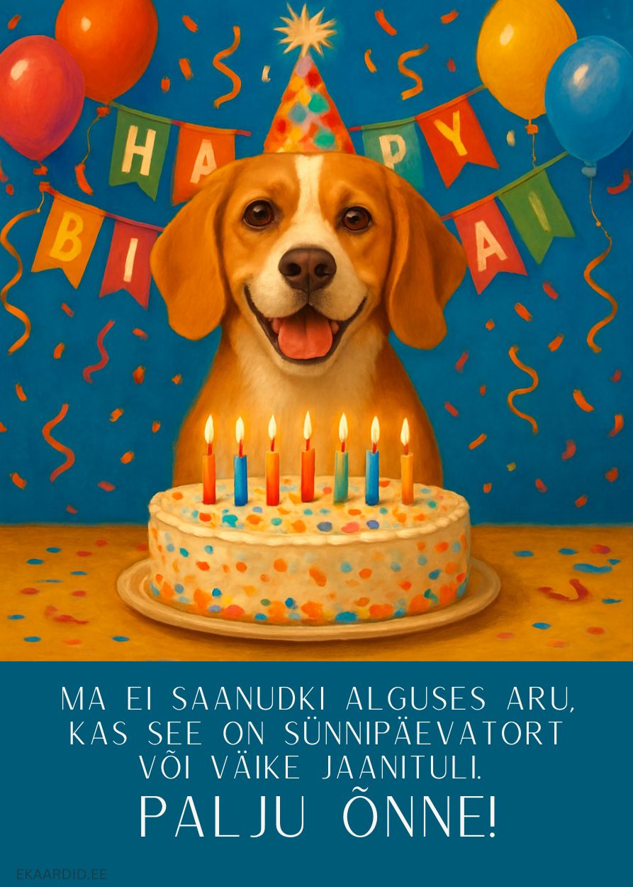 Sünnipäevakaart koeraga ja tordiga
