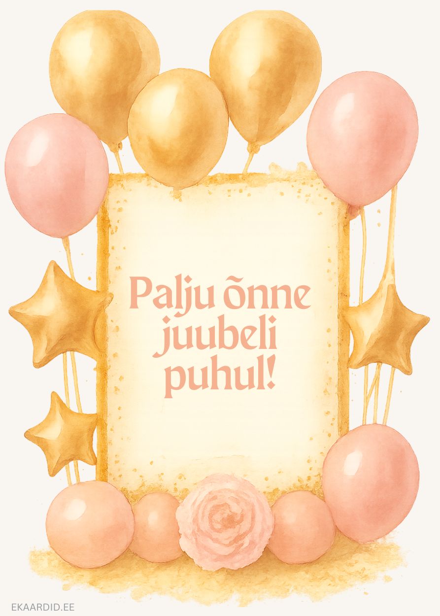 Juubelikaart õhupallide ja tähtedega