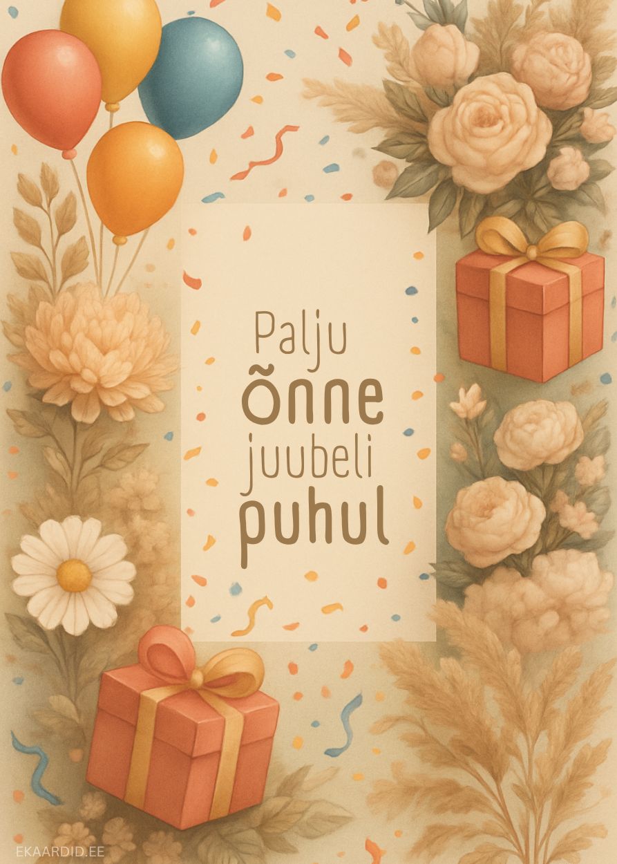 Juubelikaart lillede ja kingitustega