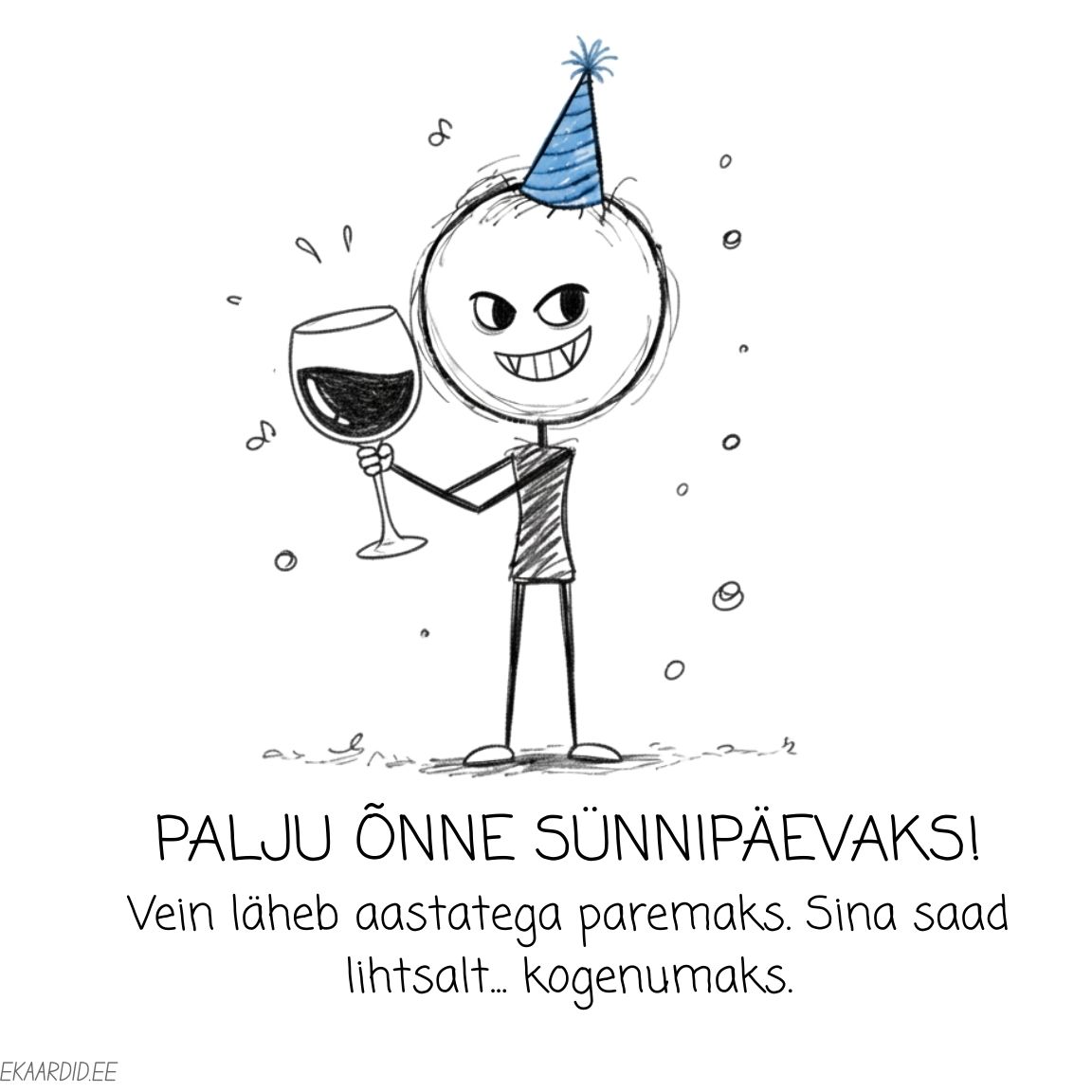 Nalja viskav kriipsujuku sünnipäevakaart veiniga