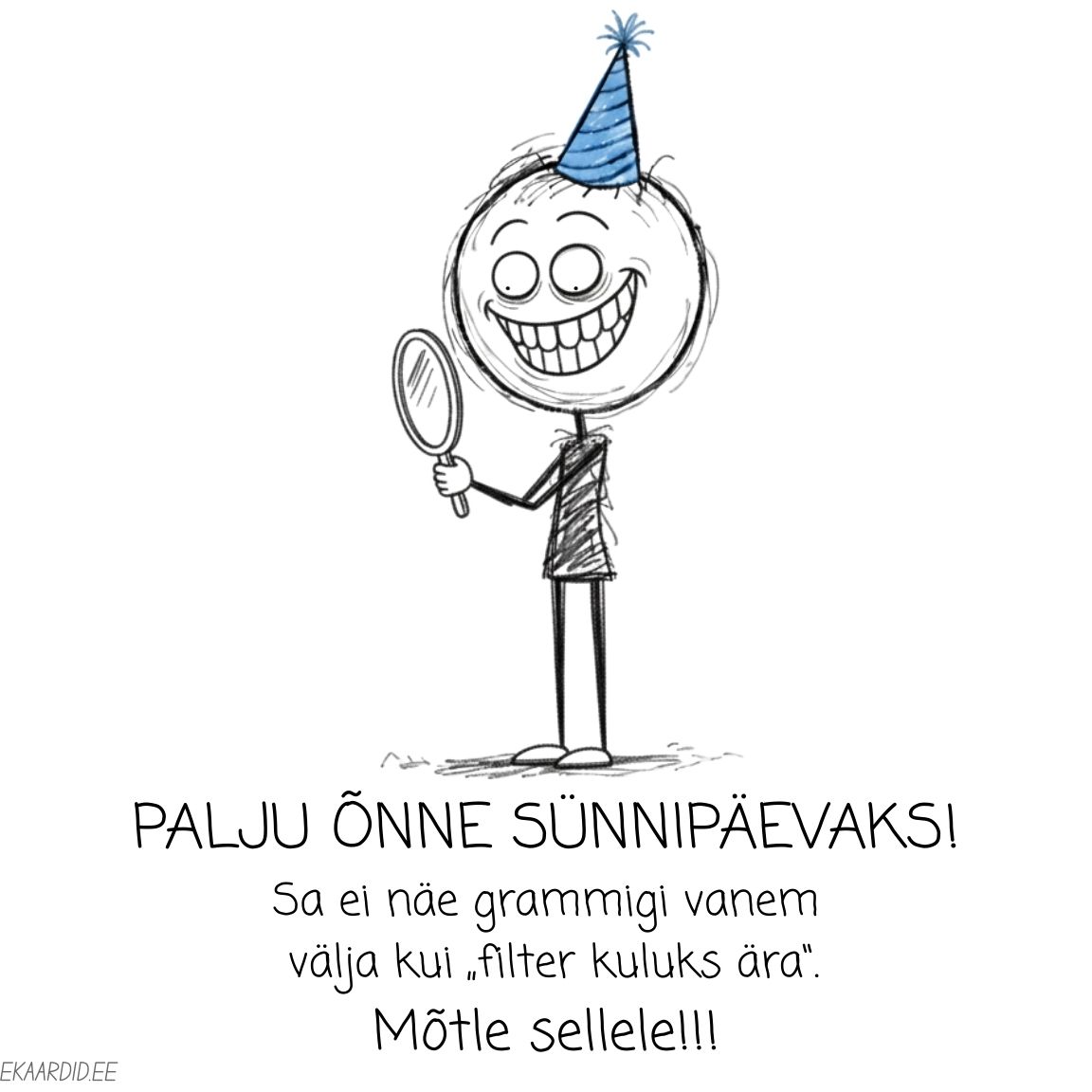 Naljakas sünnipäevakaart peegli ja peomütsiga