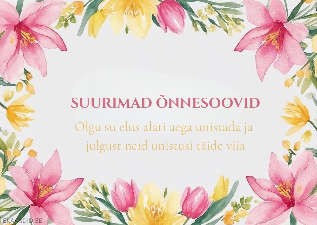 Roosade kollaste lilleõitega sünnipäevakaart