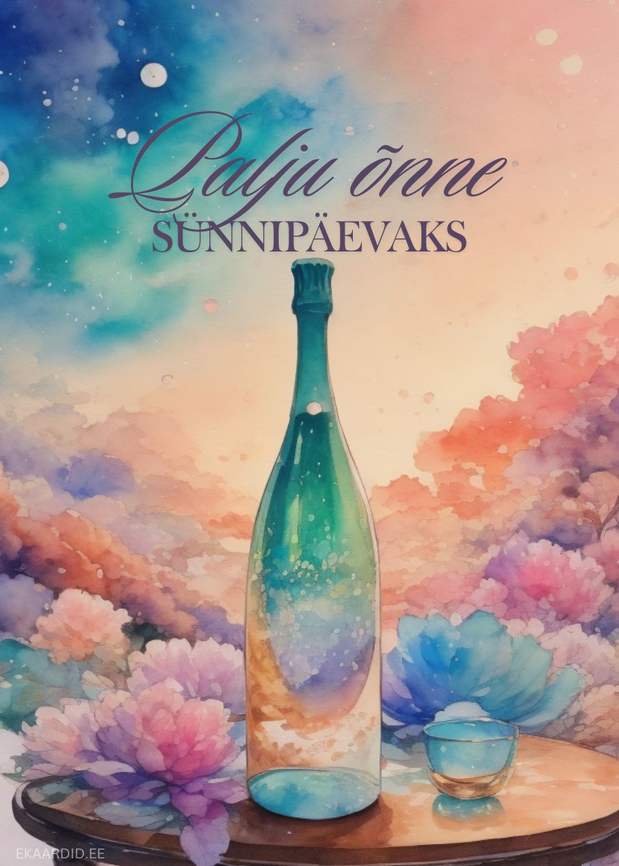 Sünnipäevakaart šampanjapudeli ja lilledega