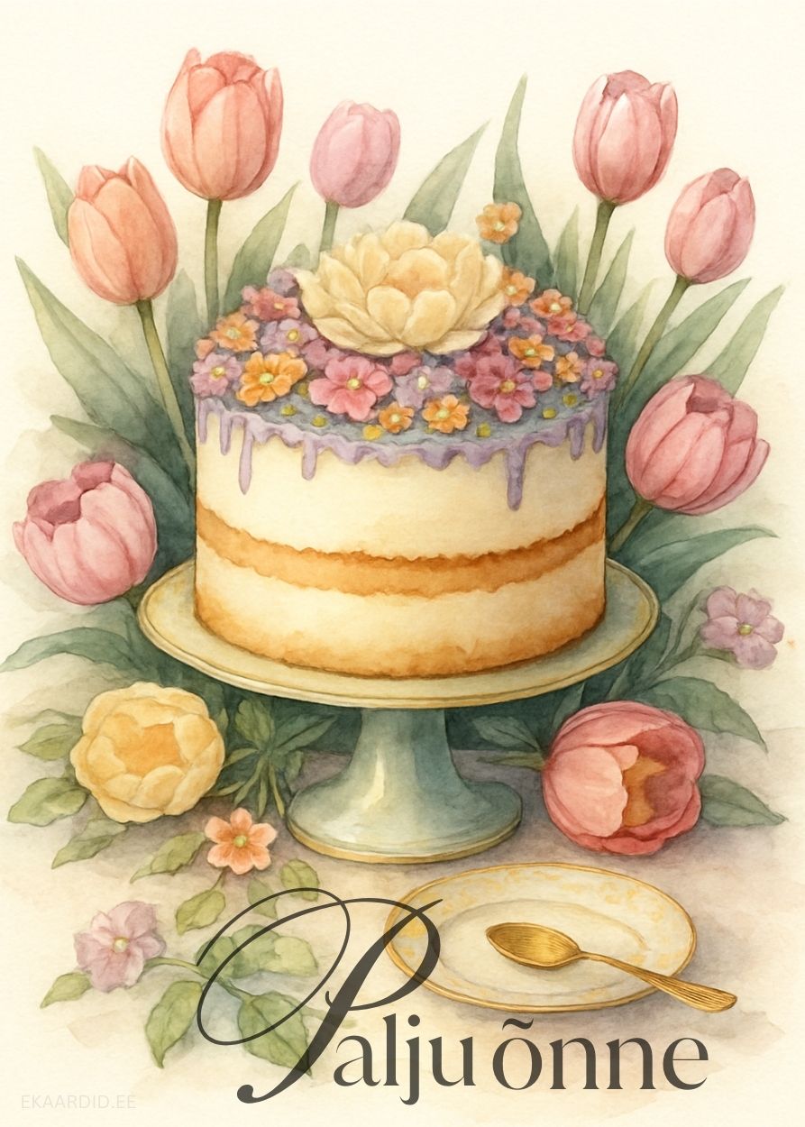 Akvarell-stiilis sünnipäevatort tulpidega