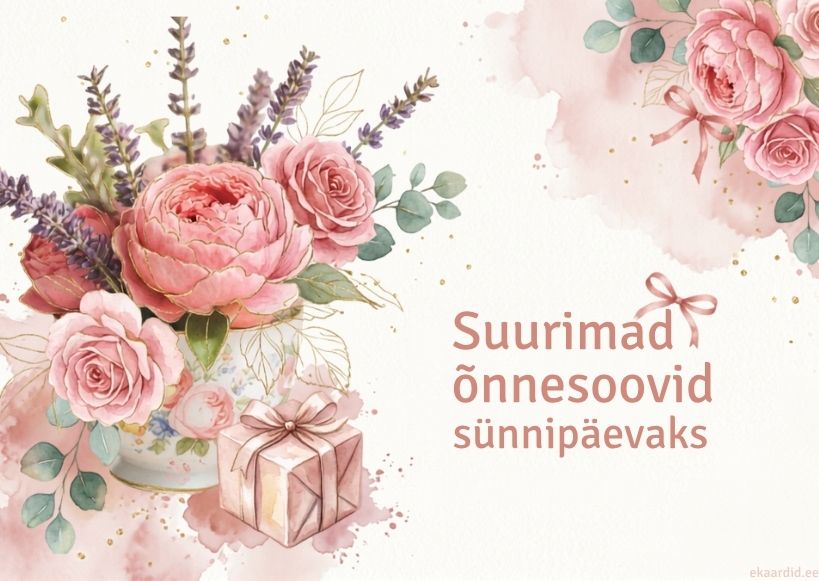 Pojengide ja kingitusega sünnipäevakaart