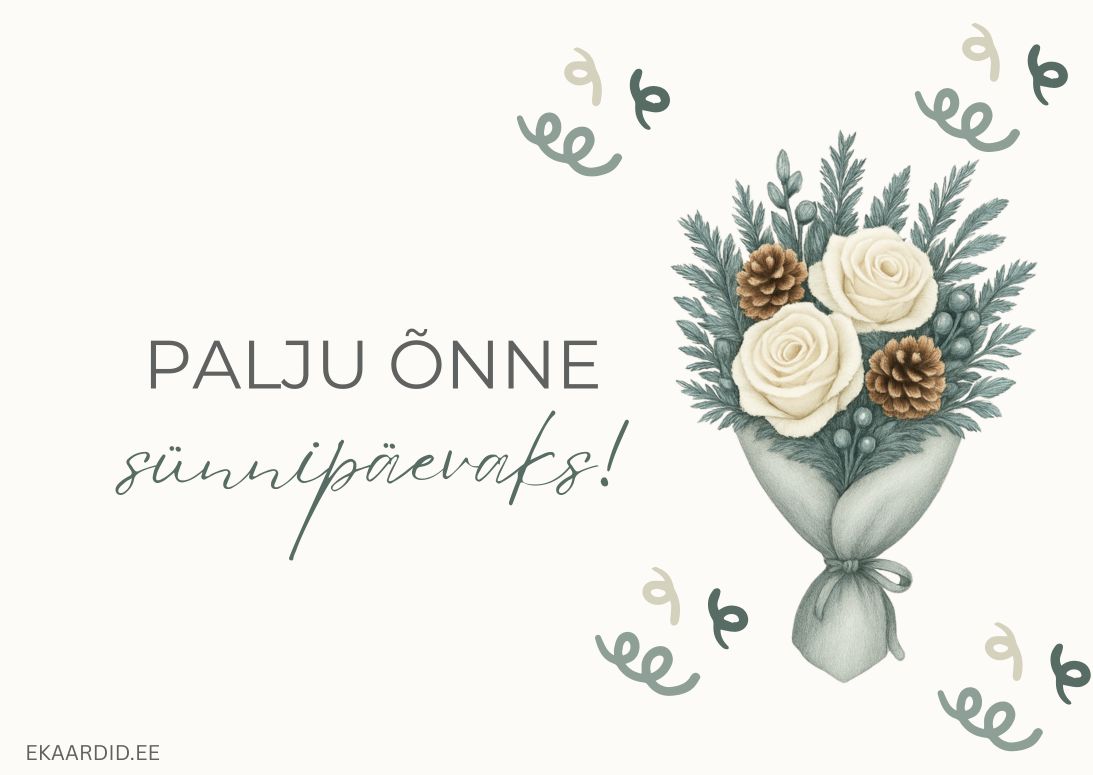 Sünnipäevakaart valgete rooside ja käbidega