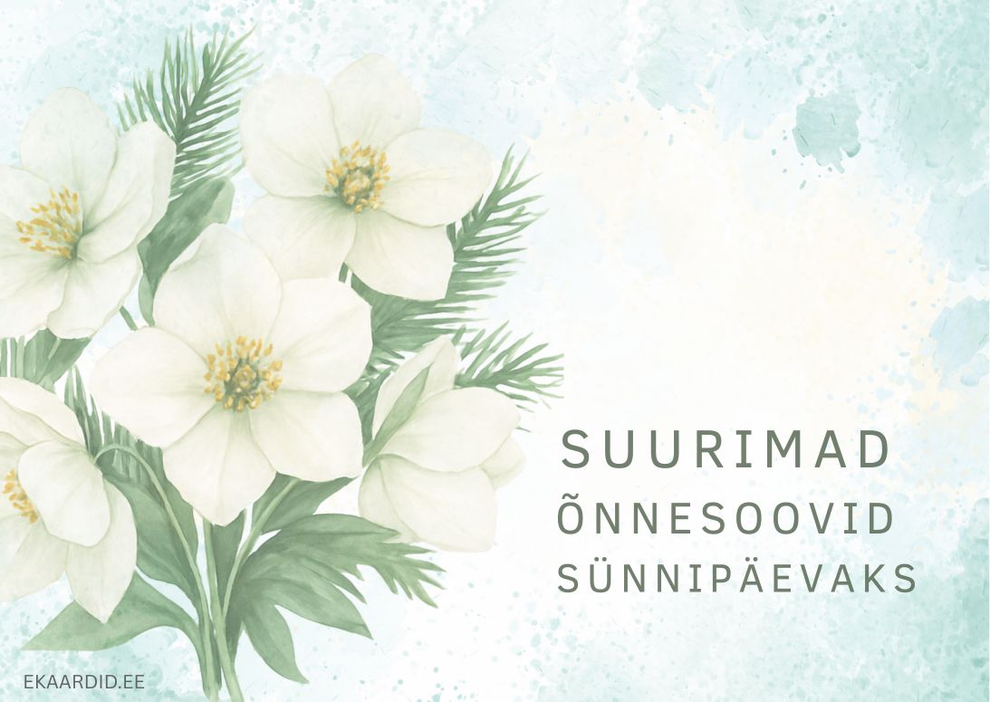 Valgete anemoonidega sünnipäevakaart