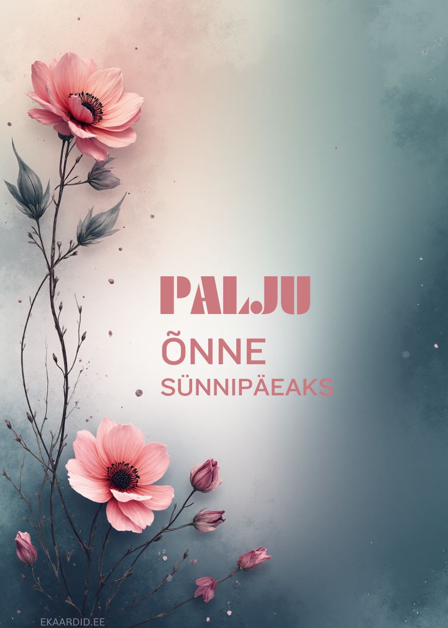 Õrnroosade õitega sünnipäevakaart