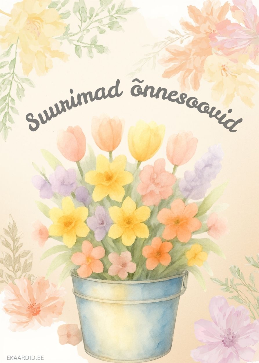 Pastelsetes toonides lilledega sünnipäevakaart