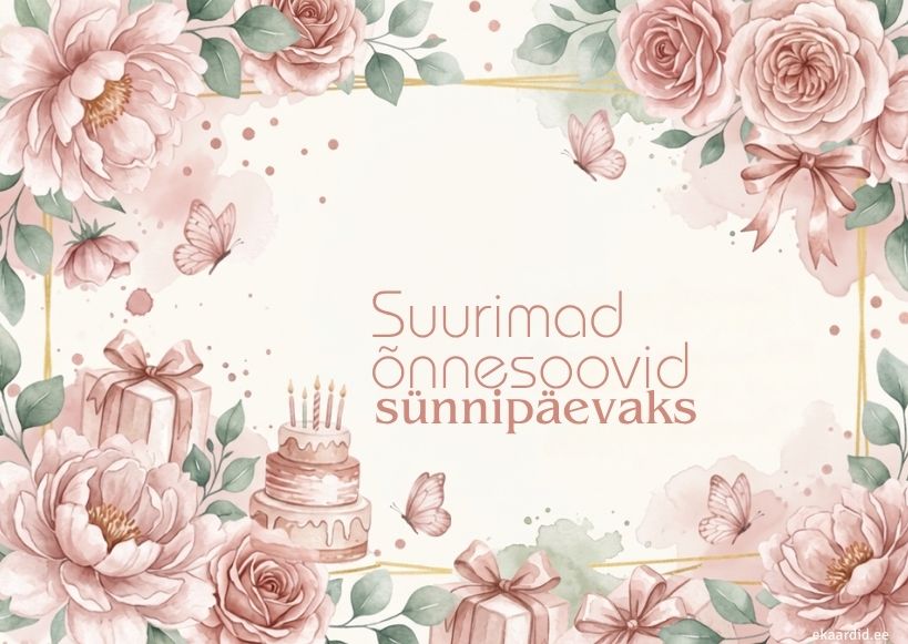 Pastelsetes toonides pojengide ja liblikatega sünnipäevakaart