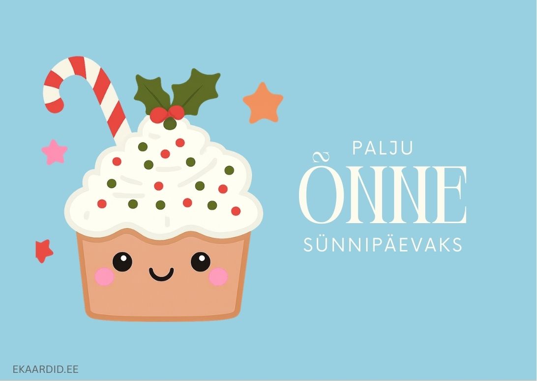 Sünnipäevakaart armsate jõuluteemaliste kaunistustega