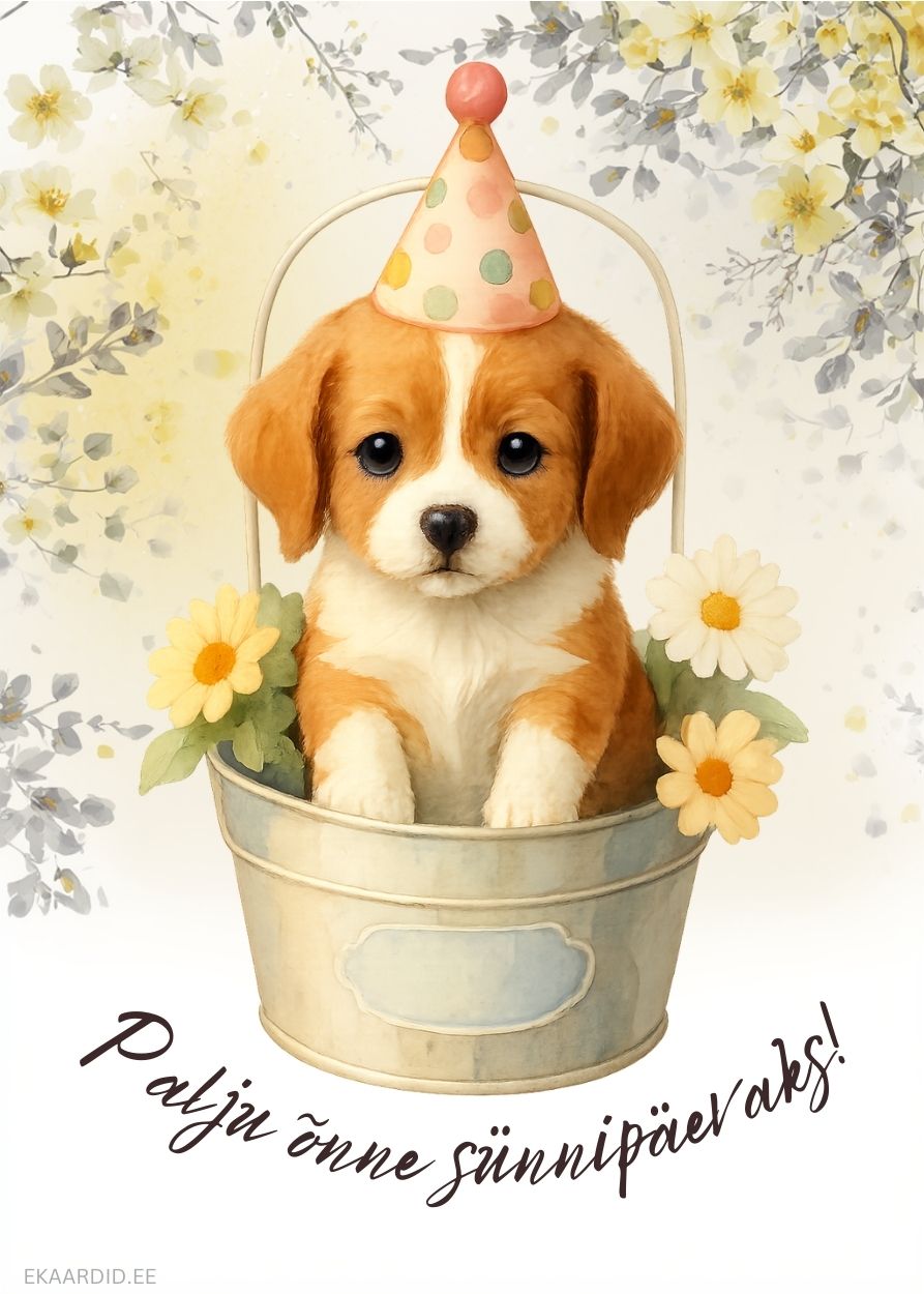 Sünnipäevakaart korvis kutsikaga