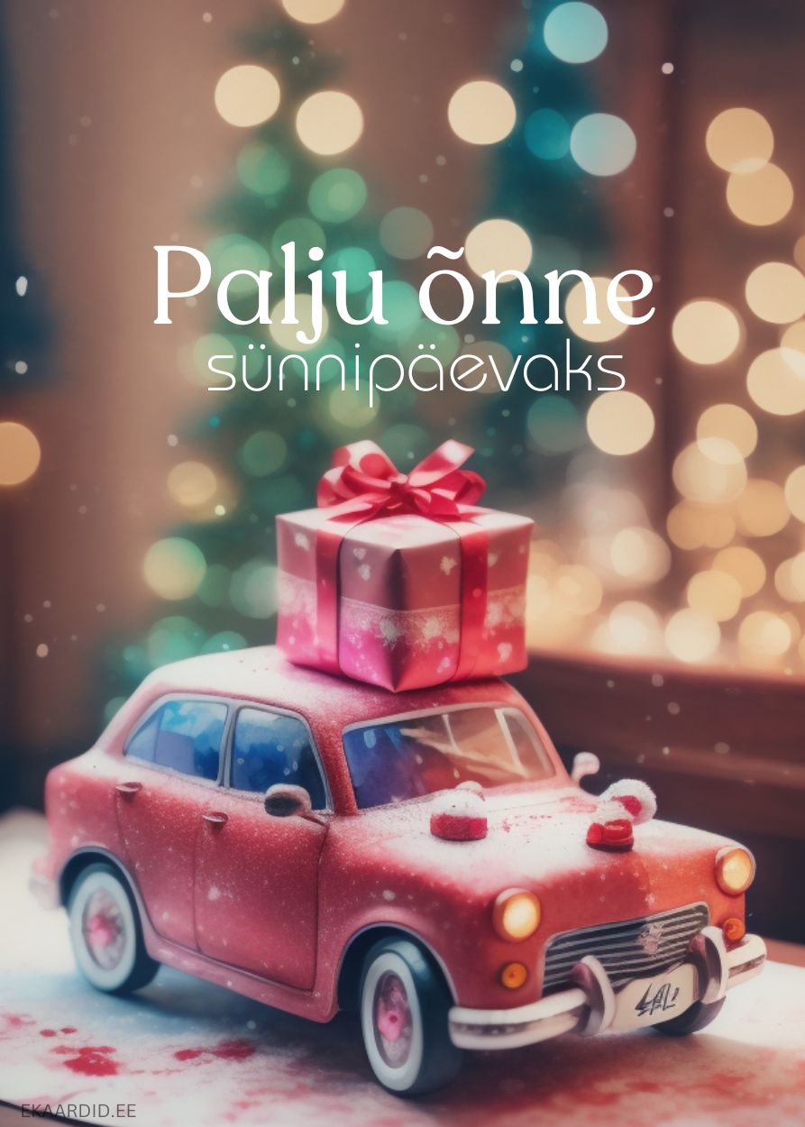 Sünnipäevakaart punase retroautoga ja kingitusega
