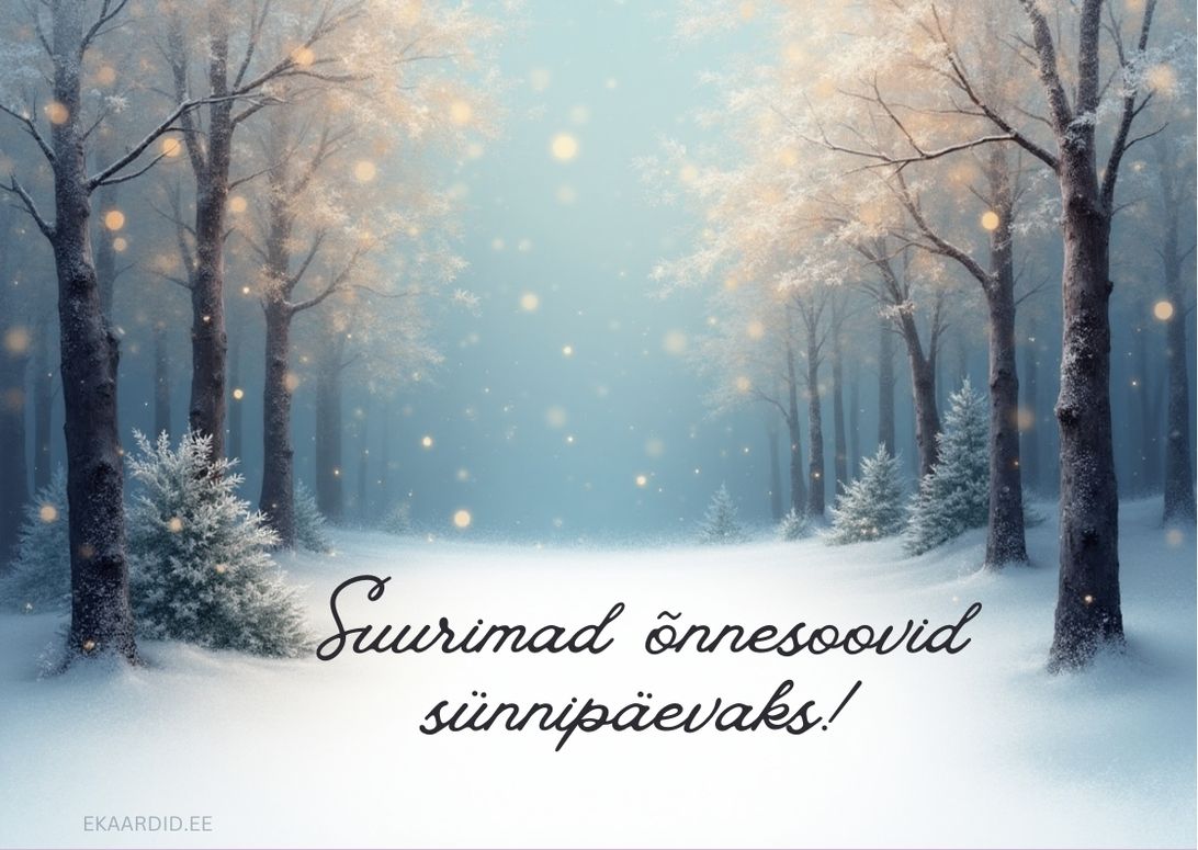 Talvine sünnipäevakaart lumise metsa taustal