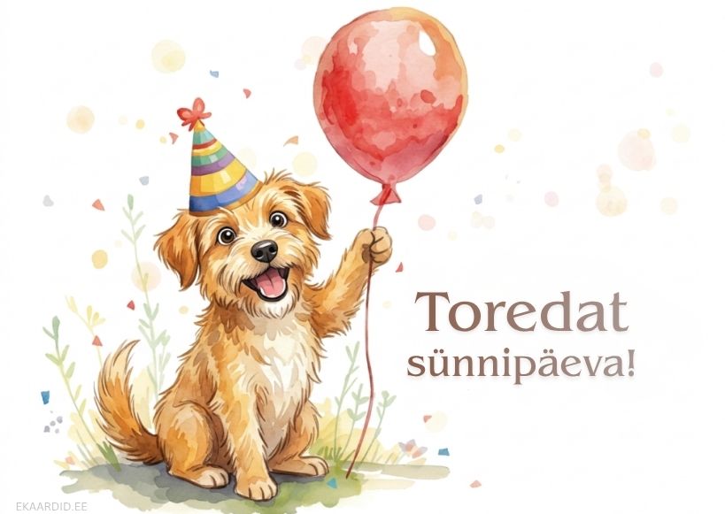 Sünnipäevakaart rõõmsameelse koeraga