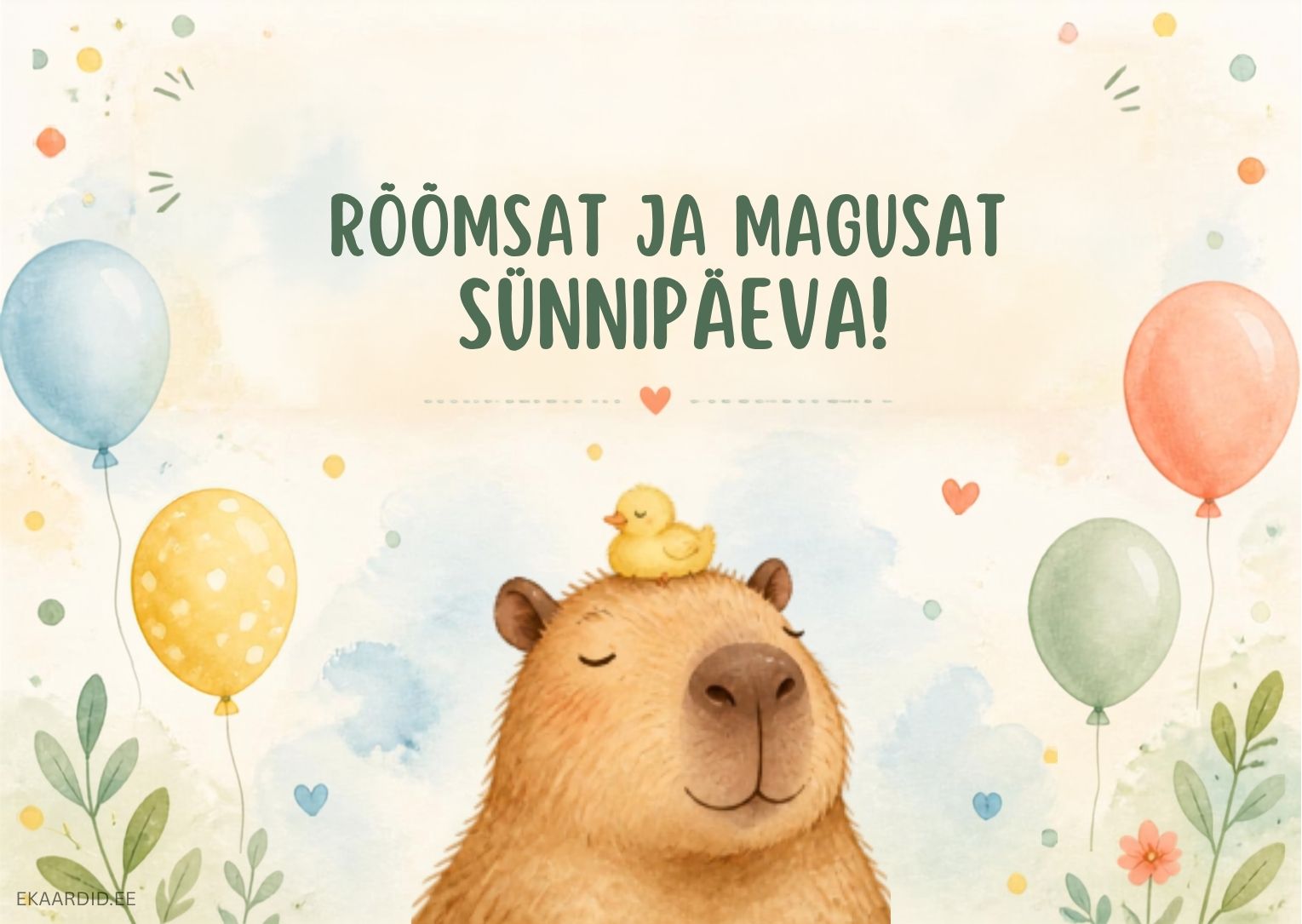 Akvarellstiilis sünnipäevakaart kapibaaraga