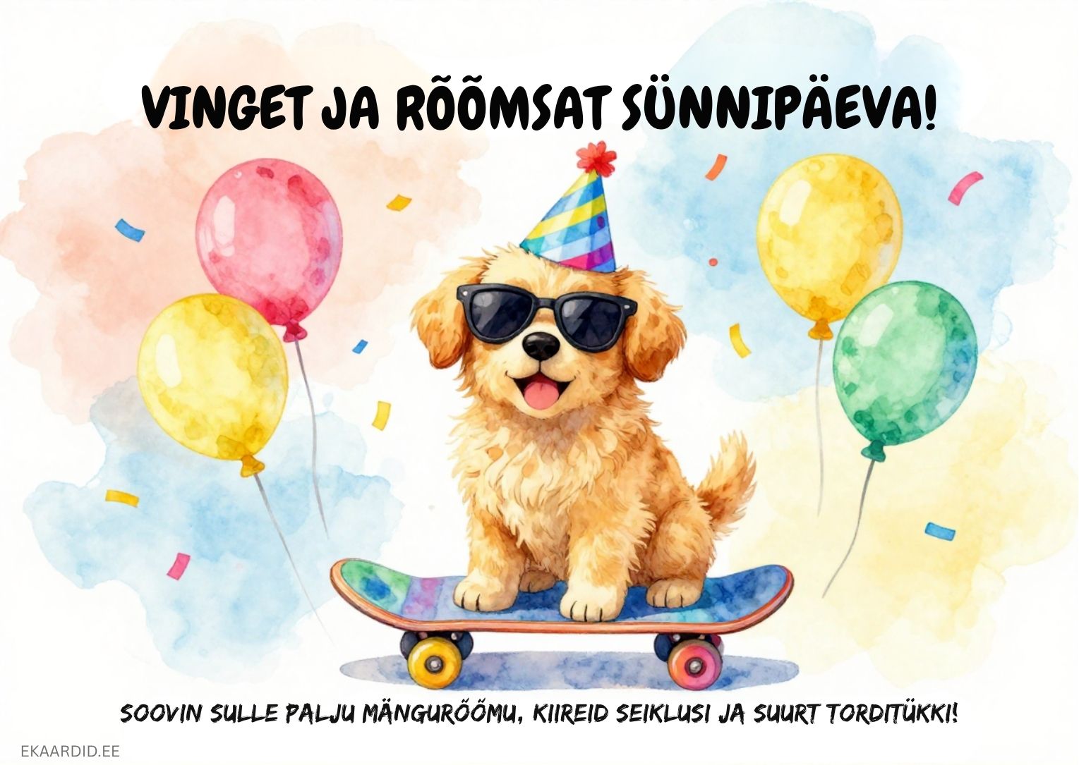 Sünnipäevakaart rula ja päikeseprillidega kutsikaga