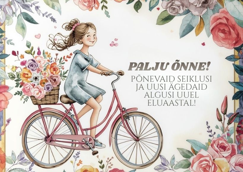 Sünnipäevakaart jalgrattaga tüdrukuga