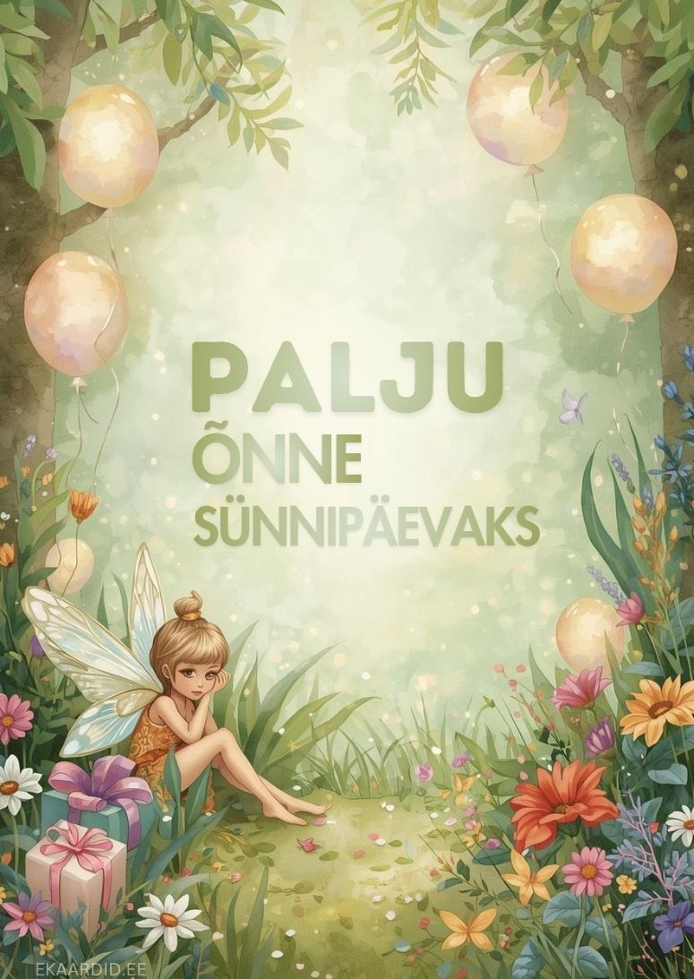 Sünnipäevakaart haldjaga ja õhupallidega