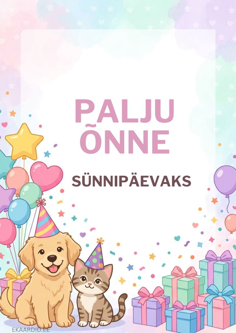 Sünnipäevakaart koera ja kassiga