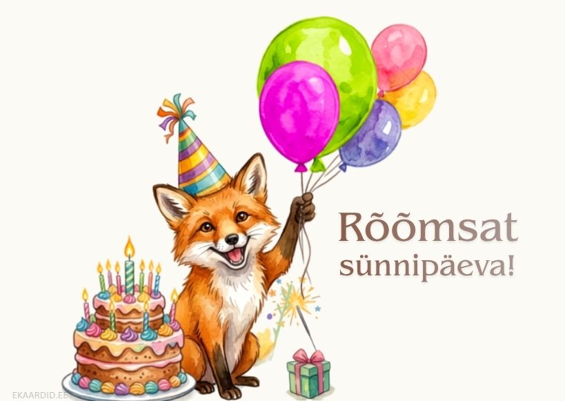 Sünnipäevakaart rõõmsameelse rebase ja õhupallidega