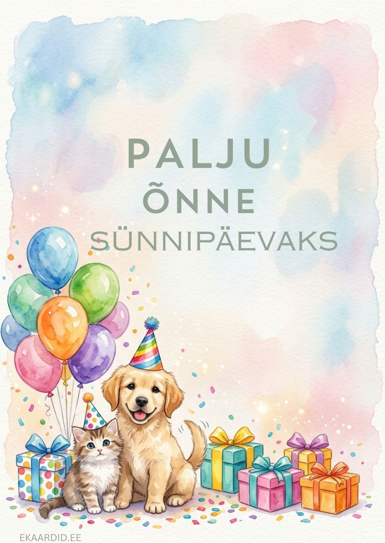 Sünnipäevakaart sõbralike loomade ja õhupallidega