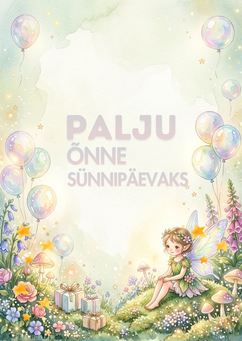 Vahva sünnipäevakaart haldjaga ja õhupallidega