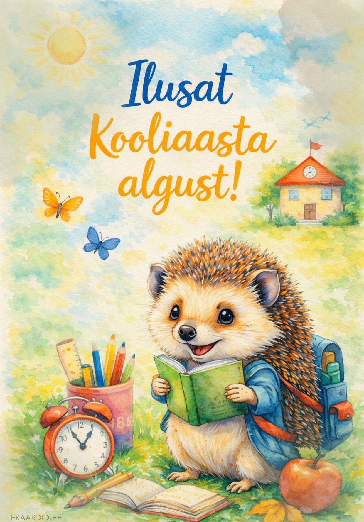 Akvarell-stiilis kooliaasta alguse kaart siiliga