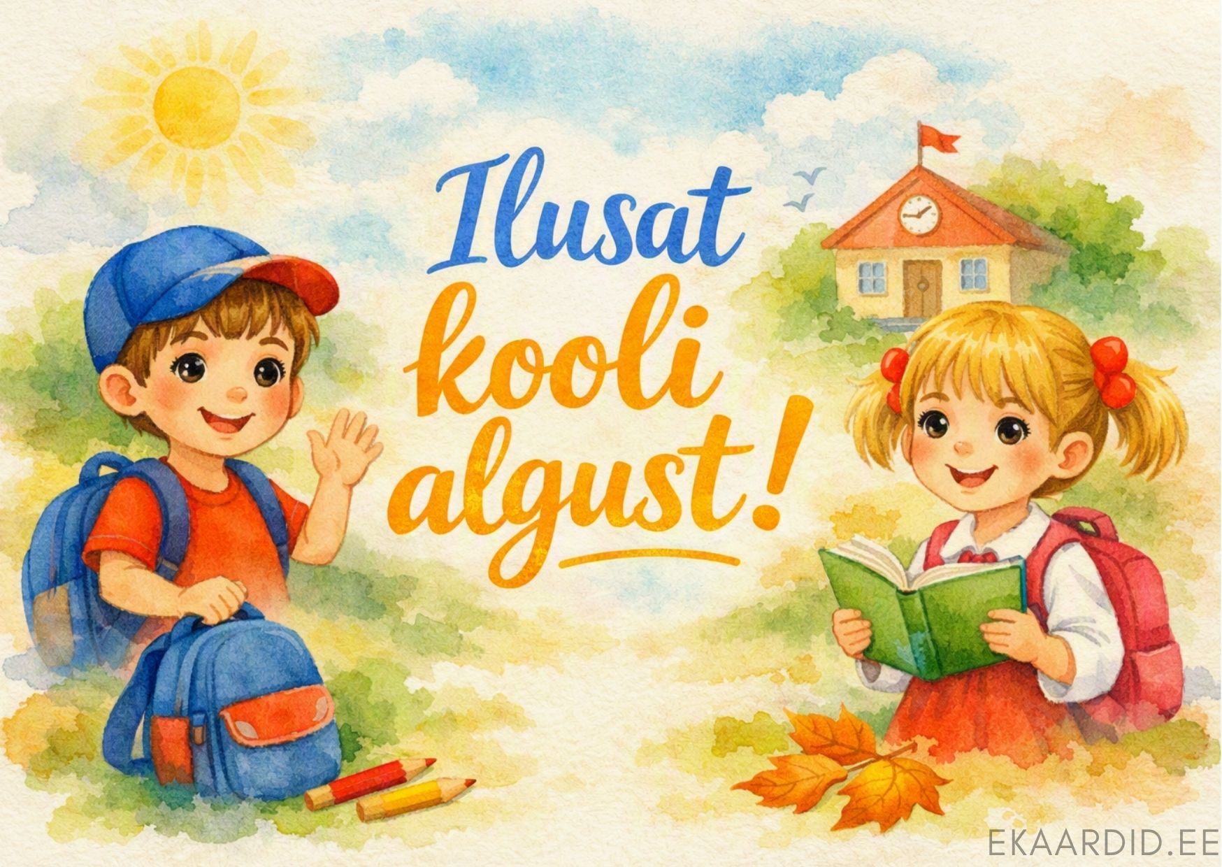 Akvarell-stiilis tervituskaart kooli alguse puhul