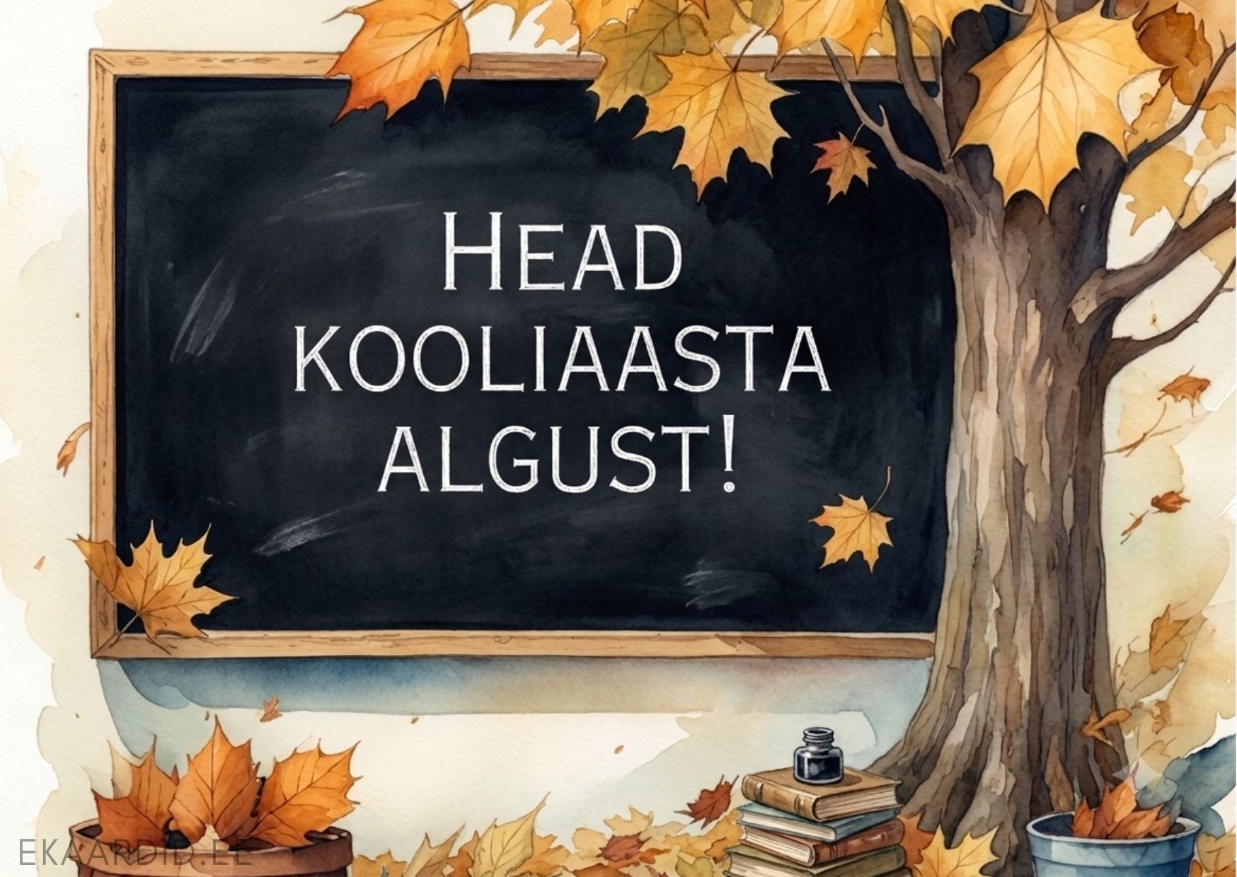 Akvarell-stiilis tervituskaart kooliaasta alguseks