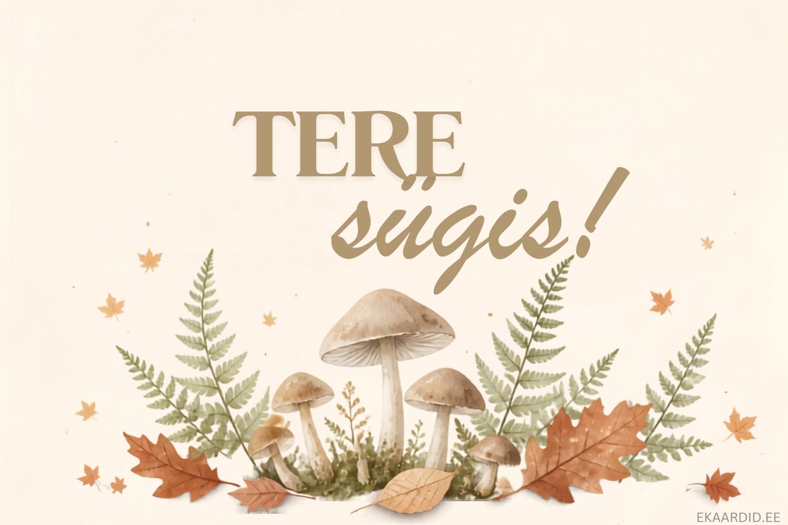 Sügisene tervituskaart seente ja lehtedega
