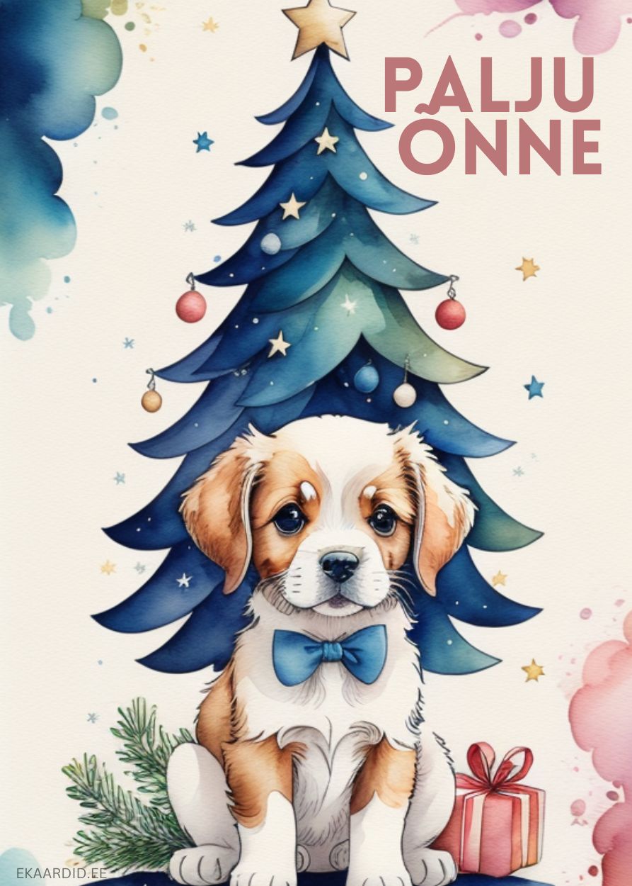 Palju õnne kaart jõulupuu ja kutsikaga