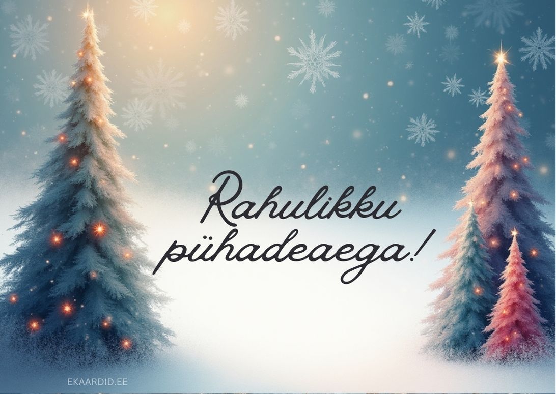 Rahulikku pühadeaega kaart lumiste kuuskedega