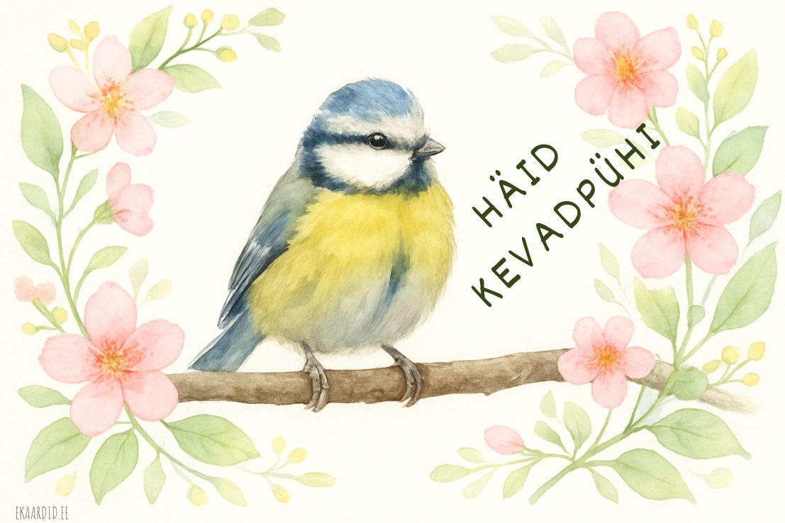 Akvarell-stiilis kevadpühade kaart tihasega