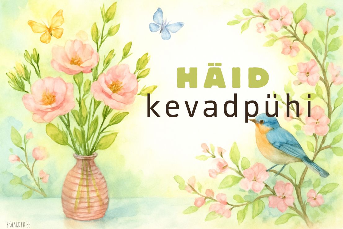 Häid kevadpühi kaart roosade õitega