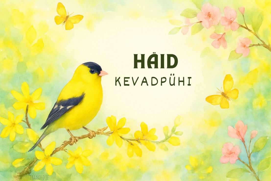 Kevadpüha kaart kuldkiharaga ja liblikatega