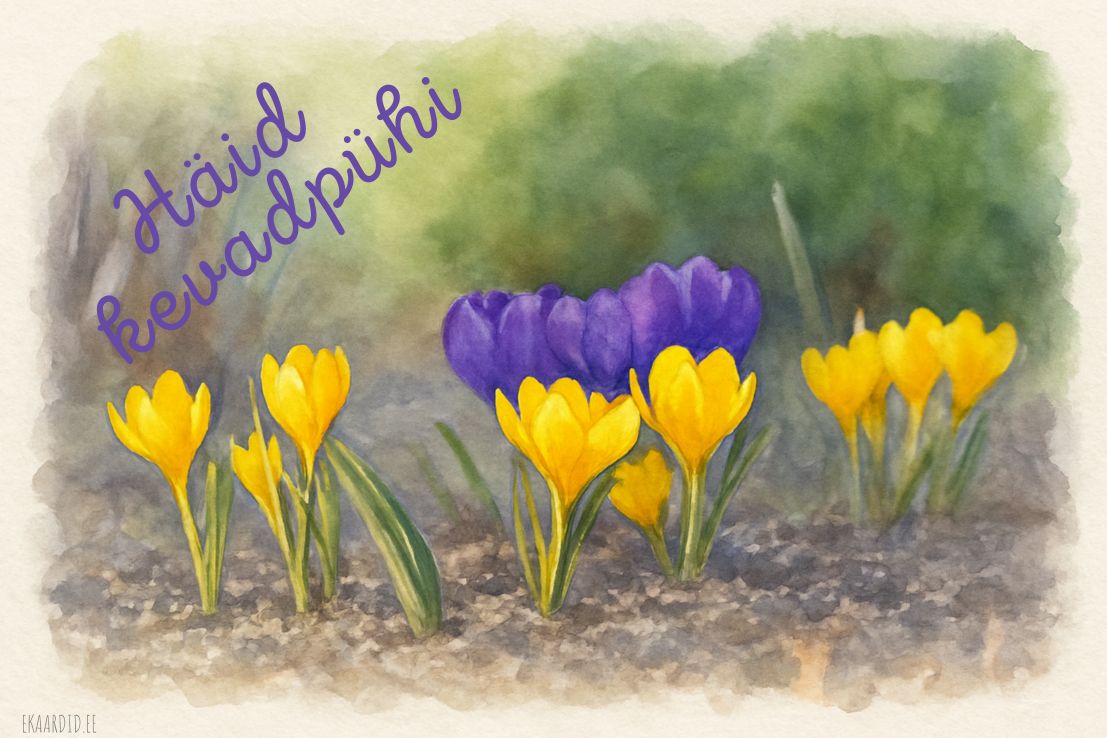 Kevadpühade kaart kollaste ja lillade krookustega