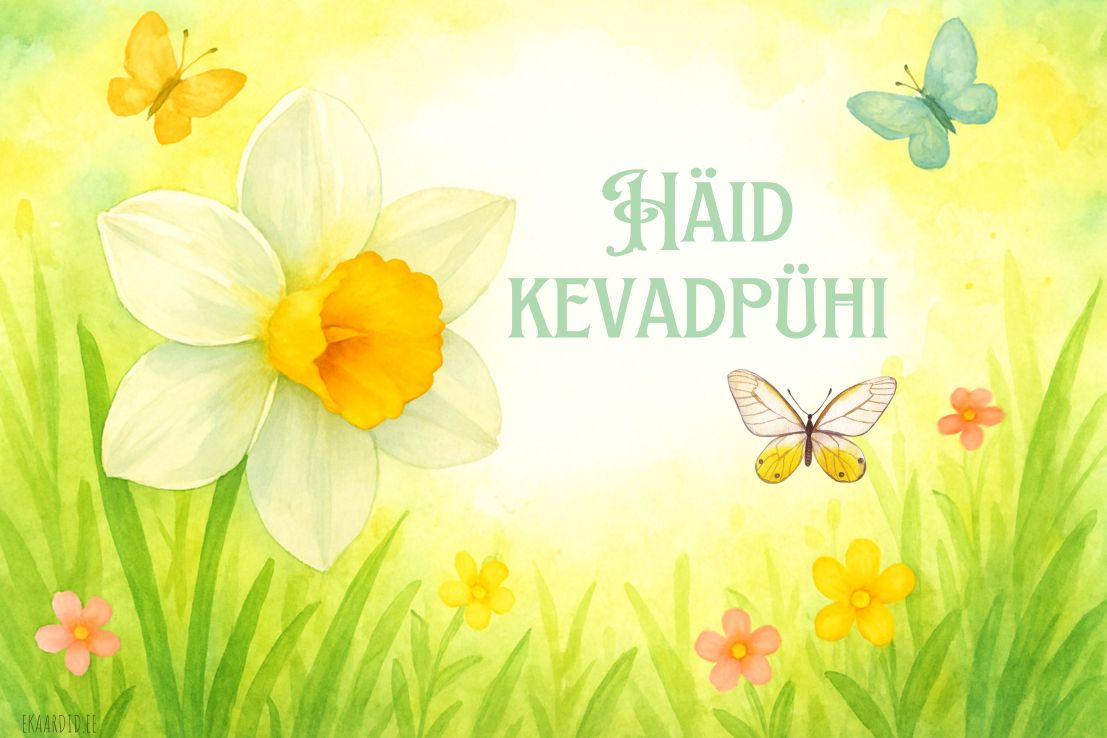 Kevadpüha kaart nartsisside ja liblikatega
