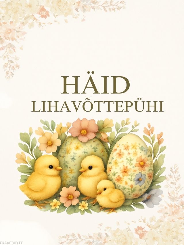 Häid lihavõttepühi kaart tibude ja lilledega