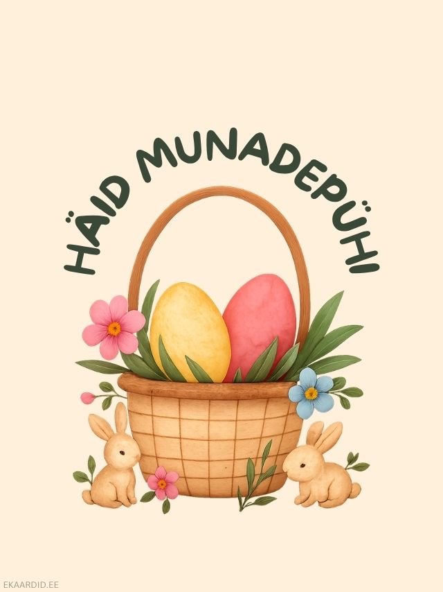 Häid munadepühi kaart värviliste (lihavõtted) munade ja jänkudega