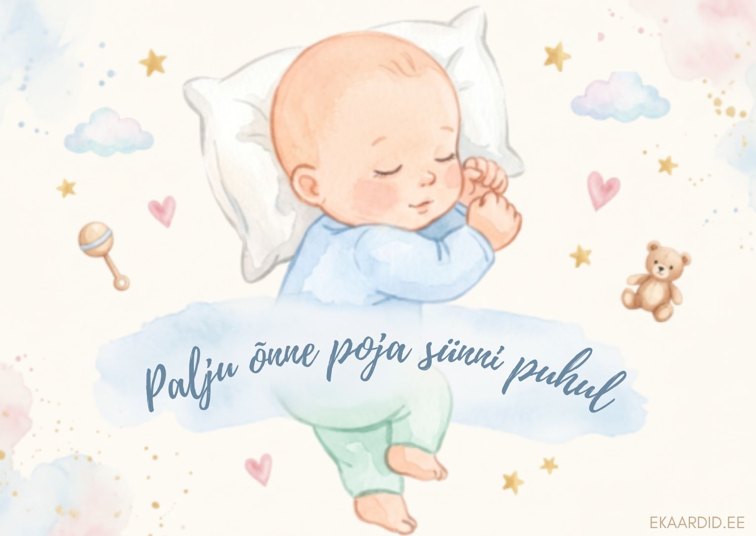 Akvarell-stiilis tervituskaart poisi sünni puhul