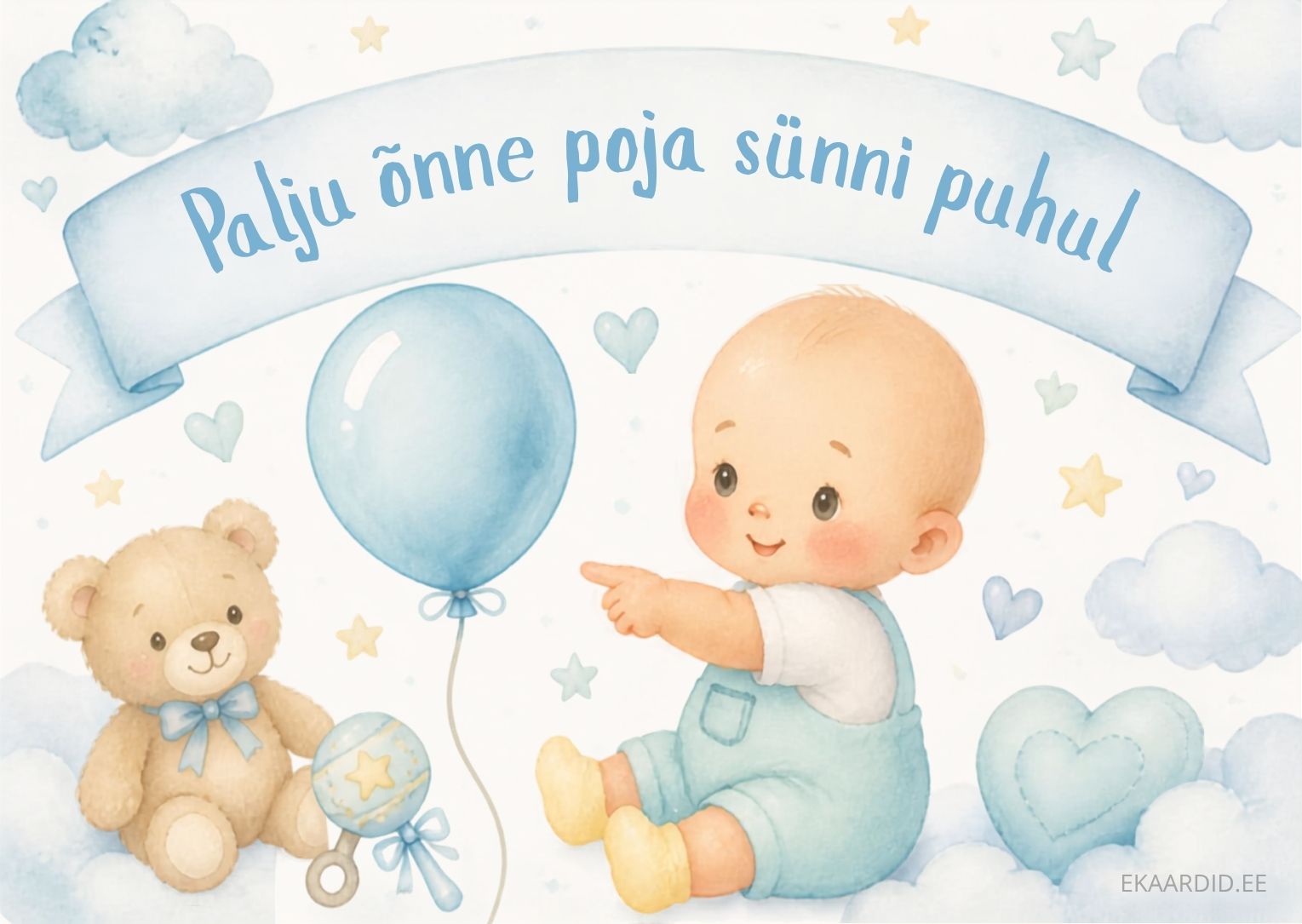 Akvarell-stiilis tervituskaart poja sünni puhul