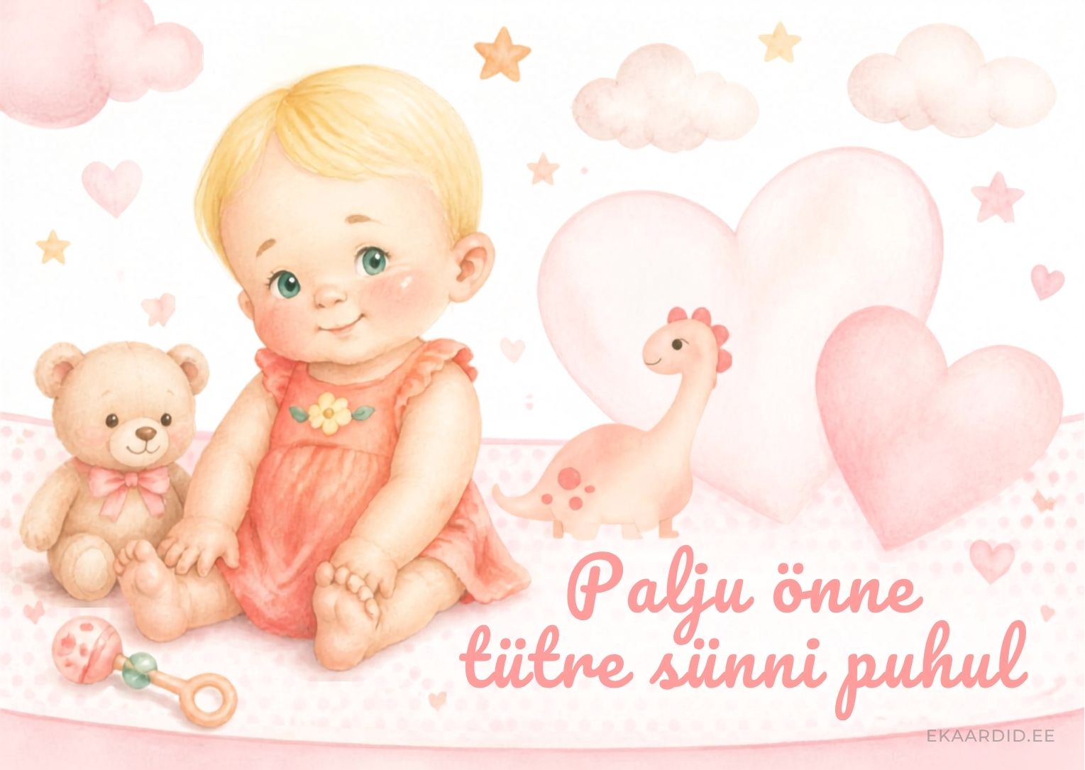 Pastelsetes toonides õnnitluskaart tütre sünni puhul
